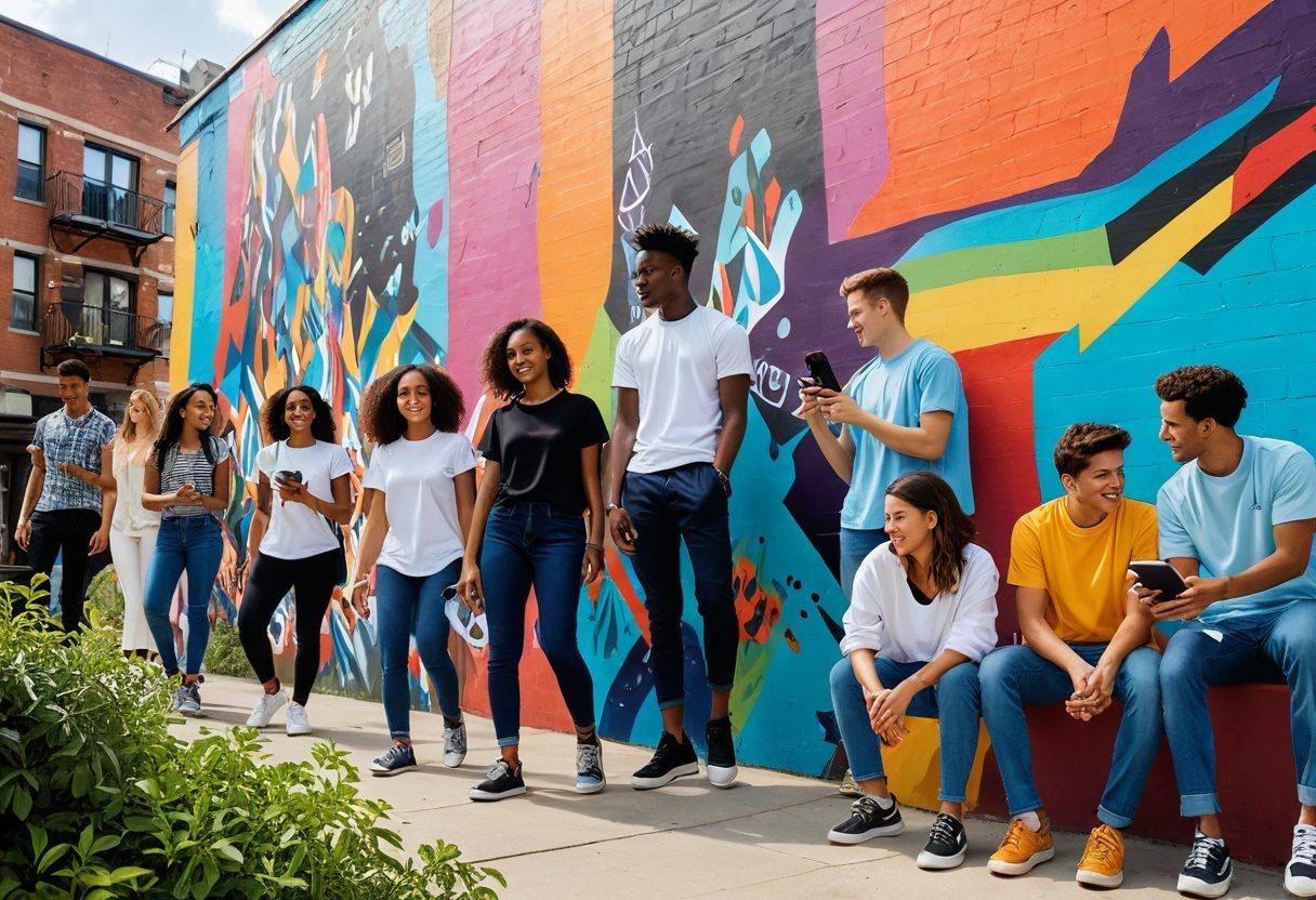 A vibrant collage showcasing diverse modern cultural trends: young adults enjoying outdoor activities in trendy outfits, abstract murals, eco-friendly products, and tech innovations like smart gadgets in use. Include a lively urban backdrop with bright colors and dynamic lines to emphasize movement and creativity. super-realistic. vibrant colors. urban setting.