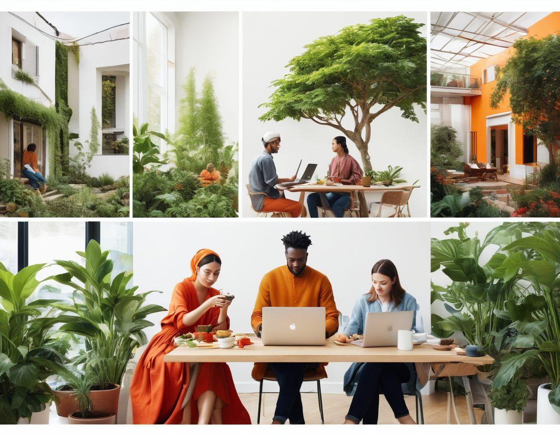 A dynamic collage showcasing diverse cultural trends influencing modern lifestyles, featuring individuals engaged in sustainable fashion, digital nomadism, technology integration like smart homes, and plant-based cuisine. Blend elements of urban and natural settings to highlight the fusion of tradition and innovation. Use a vibrant color palette to reflect energy and diversity. super-realistic. vibrant colors. white background.