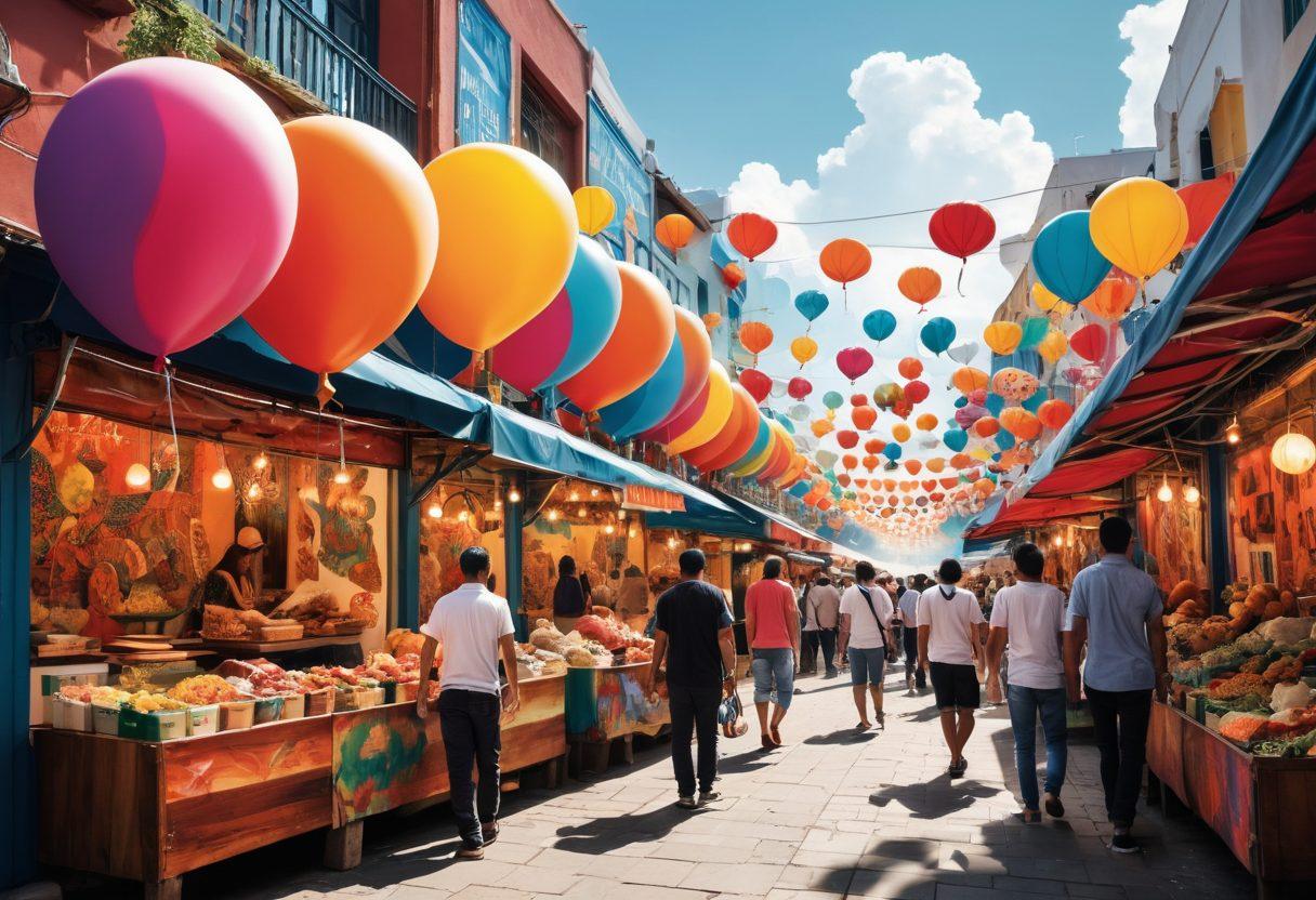 A vibrant cityscape depicting diverse individuals engaging in various cultural activities, from street art and food markets to music festivals. Incorporate a blend of traditional and modern elements to showcase a dynamic lifestyle landscape. Emphasize rich colors to represent the vibrancy of community and culture, with an inviting atmosphere. Illustrate nuances of opinions through speech bubbles or thought clouds above characters. vector art. vibrant colors. white background.